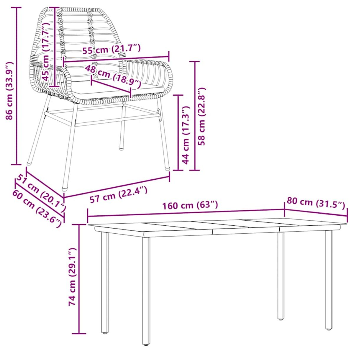 Diagramma di un set sedia e tavolo. Dimensioni etichettate in centimetri e pollici.