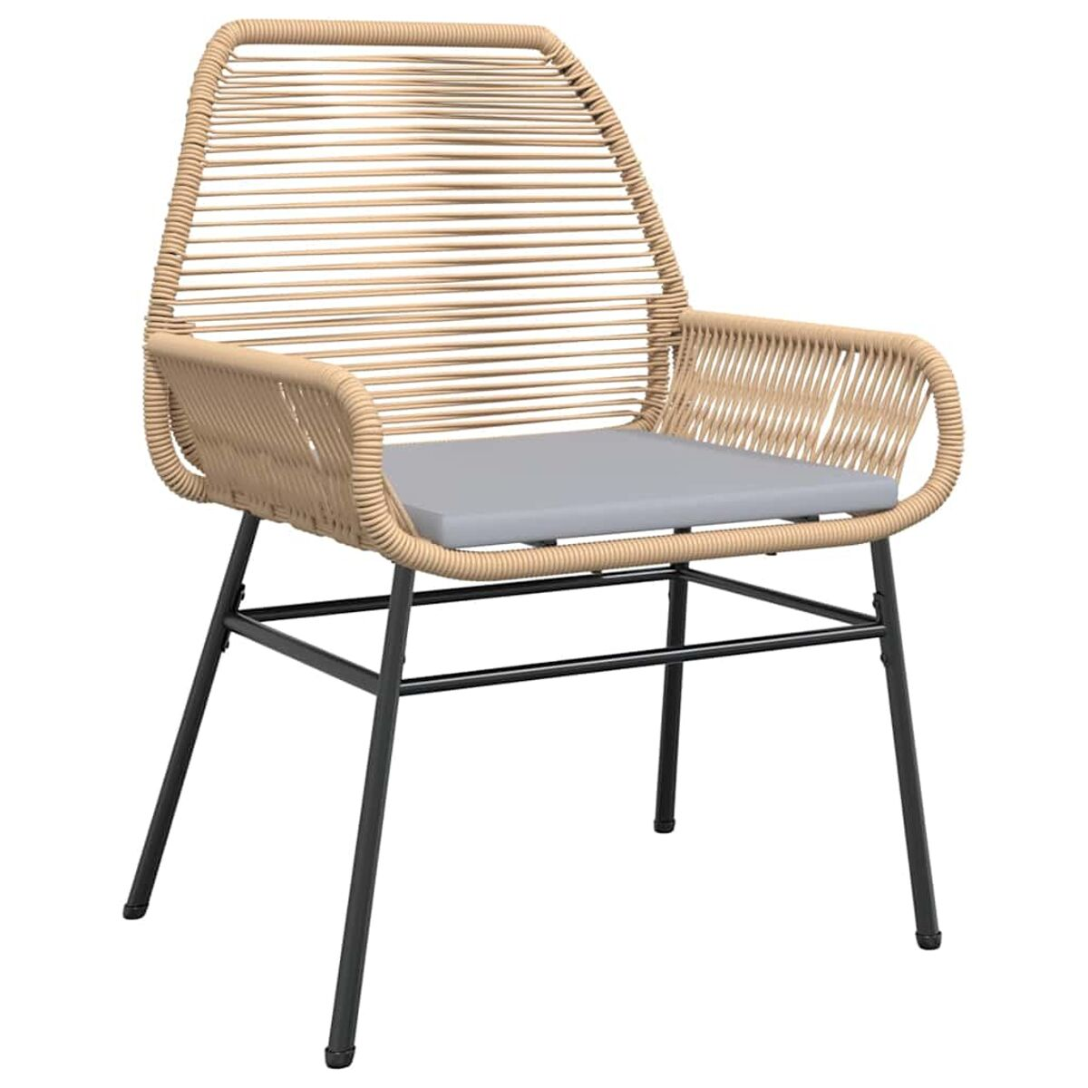 Sedia in corda beige con cuscino grigio. Struttura in metallo nero, braccioli, design moderno.