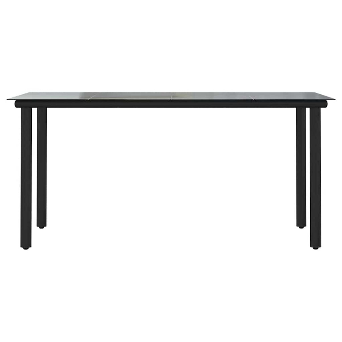 Un tavolo nero con cornice nera e quattro gambe, su sfondo bianco.