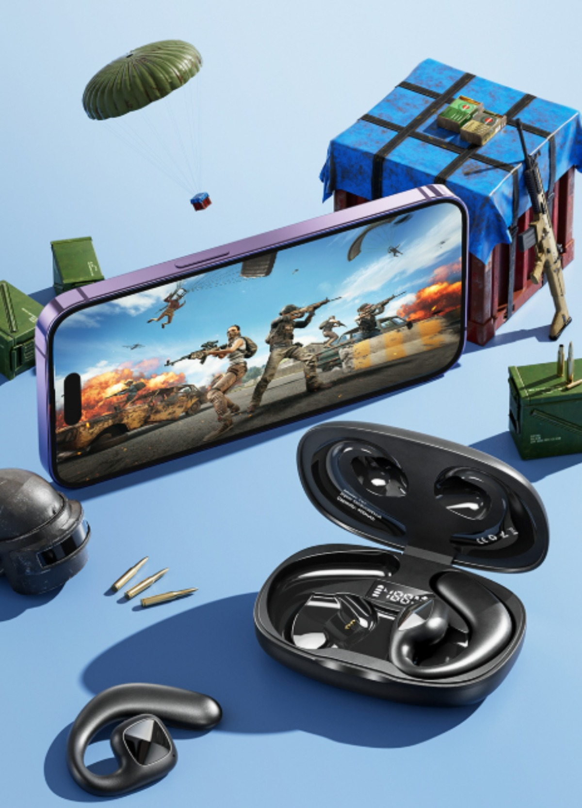 Ein Telefon mit einem Videospiel auf dem Bildschirm, mit Ohrhörern und anderem Gaming-Zubehör.