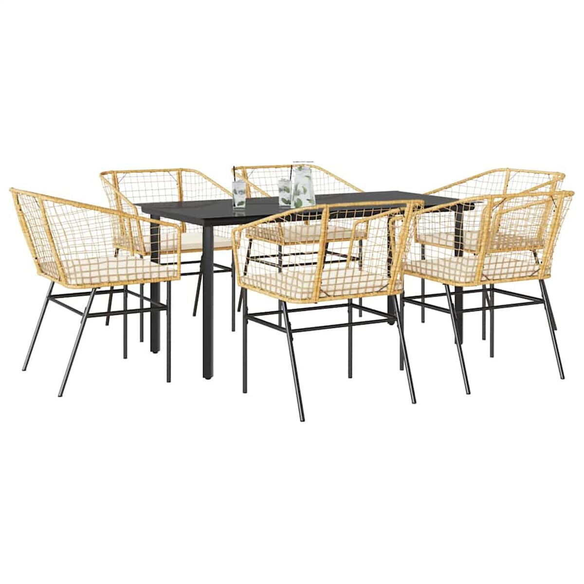 Gartenmöbel-Set mit schwarzem Tisch und Rattanstühlen.
