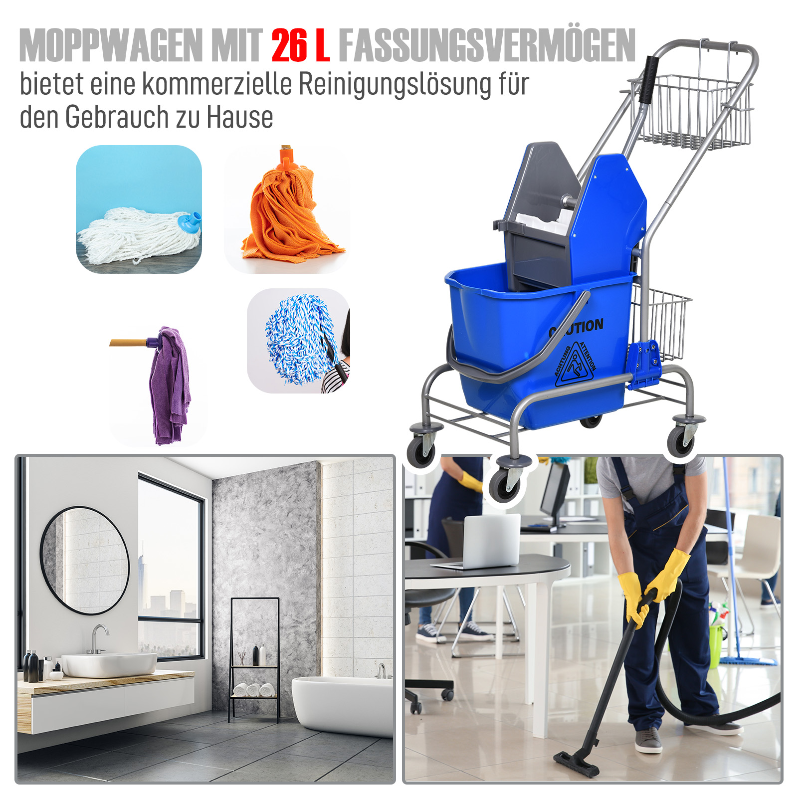 Reinigungswagen mit Mopps, Reinigungsmitteln. Verschiedene Bilder zeigen die Reinigung in Gebrauch.