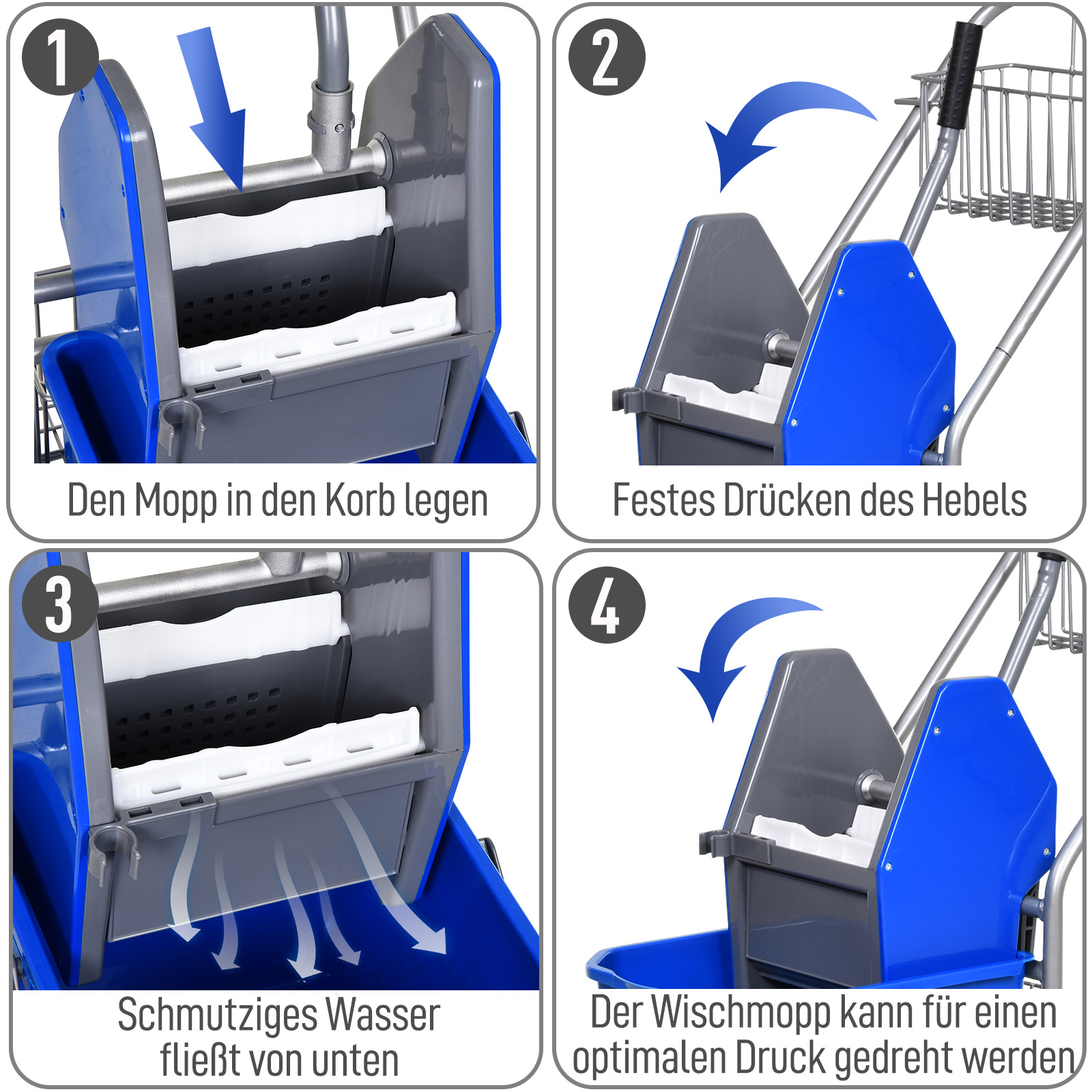 Vier Bildtafeln, die zeigen, wie man einen Reinigungswischer mit Schritten und Pfeilen in einem blauen Reinigungswagen verwendet.