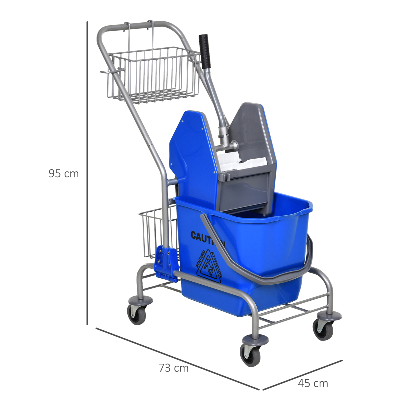 Ein blau-silberner Reinigungswagen mit Wringer, Eimer und zwei Regalen, mit Maßen.