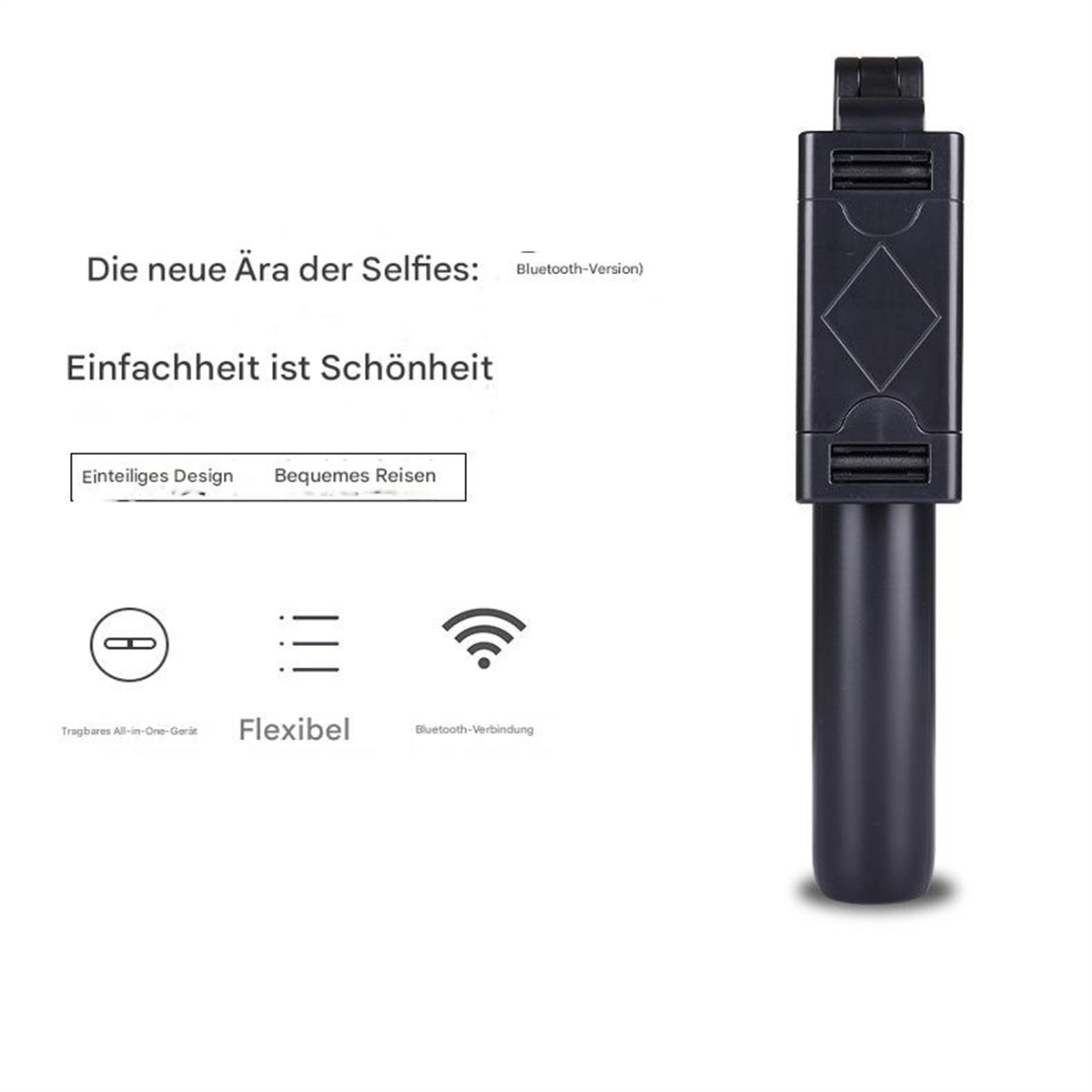 Ein schwarzer Selfie-Stick mit Text und Symbolen zu Funktionen, mit weißem Hintergrund. Einfaches Design.
