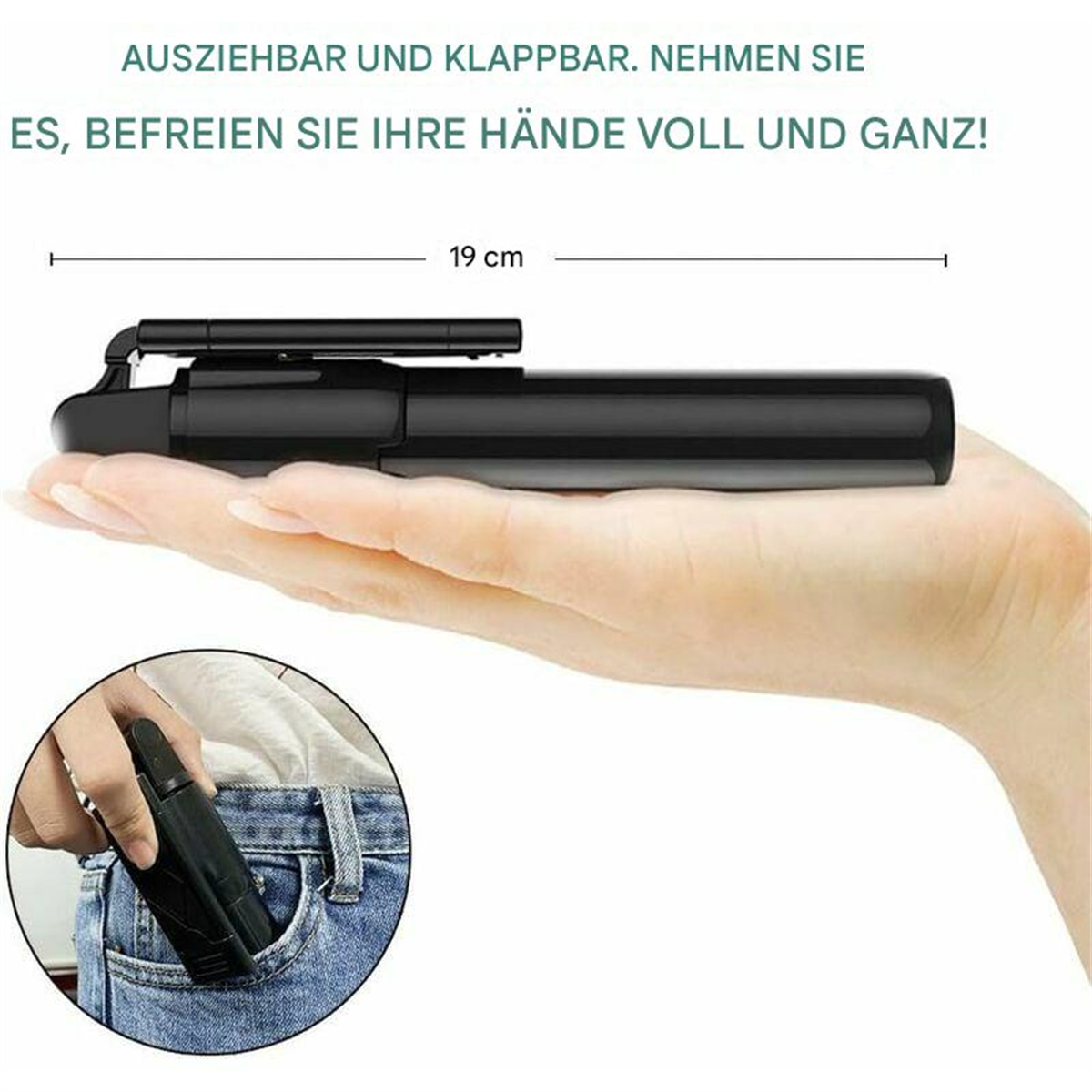 Eine Hand hält einen schwarzen, ausziehbaren Selfie-Stick, mit einer taschengroßen Version in einer Jeanstasche.