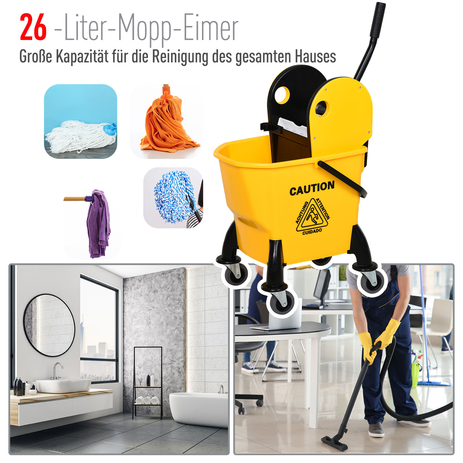 Ein gelber und schwarzer Moppeimer mit Mopps und Reinigungsmitteln, neben Reinigungskräften.