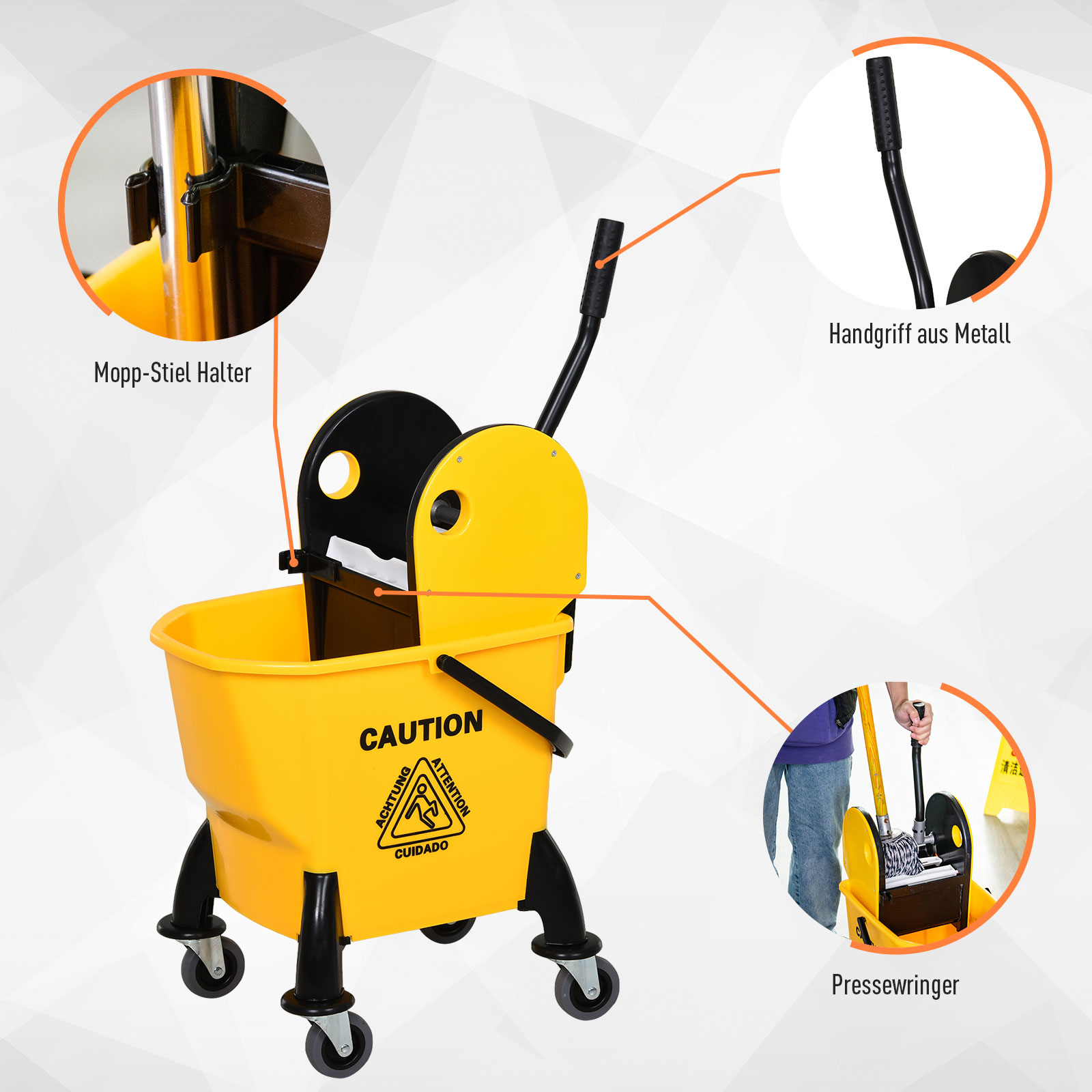 Gelber Reinigungswagen mit schwarzen Akzenten. Pfeile zeigen Details: Griff, Mopphalter, Auswringer.