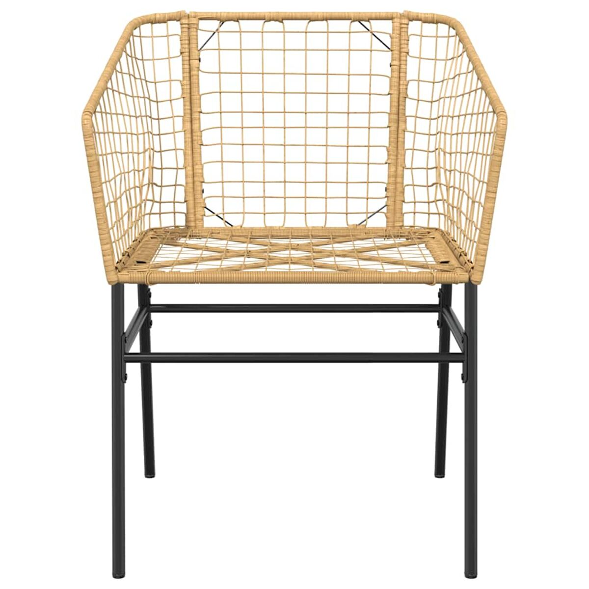 Geflochtener Stuhl mit beigem Sitz und Rücken. Schwarze Metallbeine, offener Rücken, modernes Design.