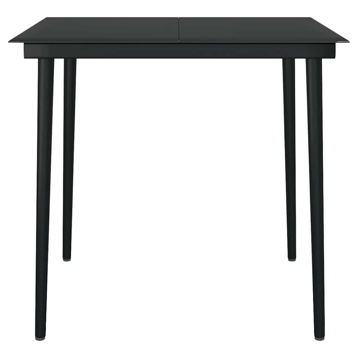 Schwarzer Tisch mit schwarzen Beinen, quadratische Form. Die Oberseite ist schwarz und glänzend.