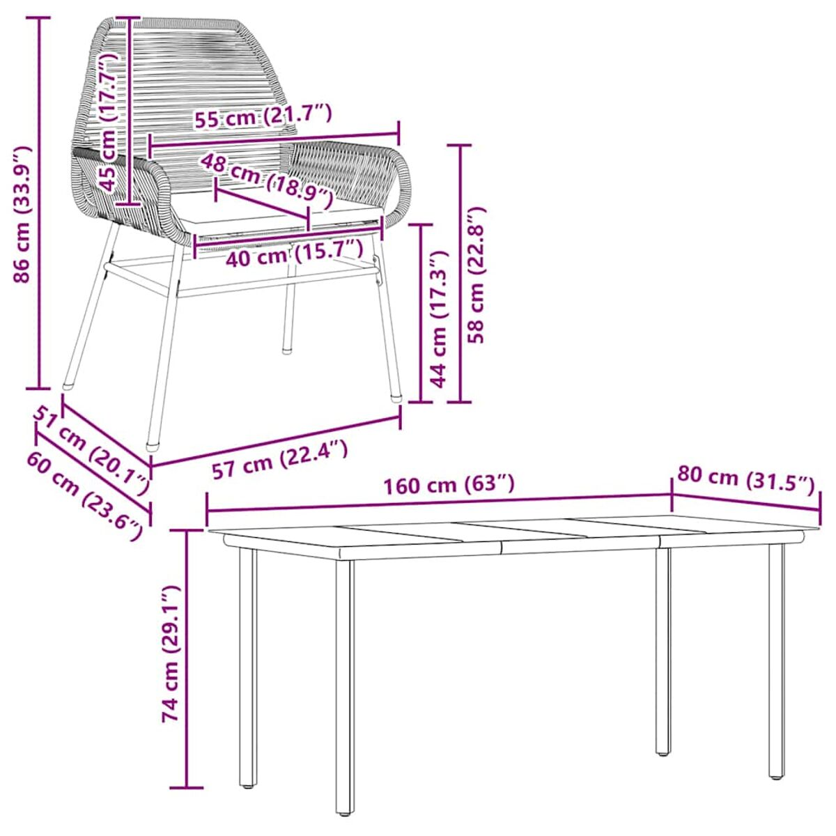 Un diagramma di una sedia e un tavolo con dimensioni in centimetri, che mostra mobili da esterno.