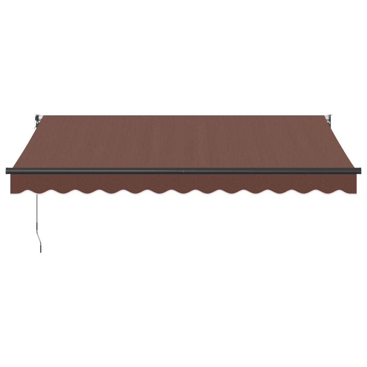 Una tenda da sole marrone per esterni, estesa e montata su una struttura, con bordatura scura e cavo pendente.