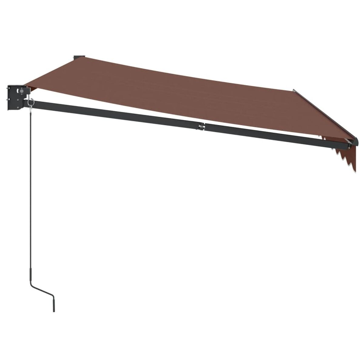Una tenda da sole retrattile marrone, montata a parete, con manovella e struttura di supporto.