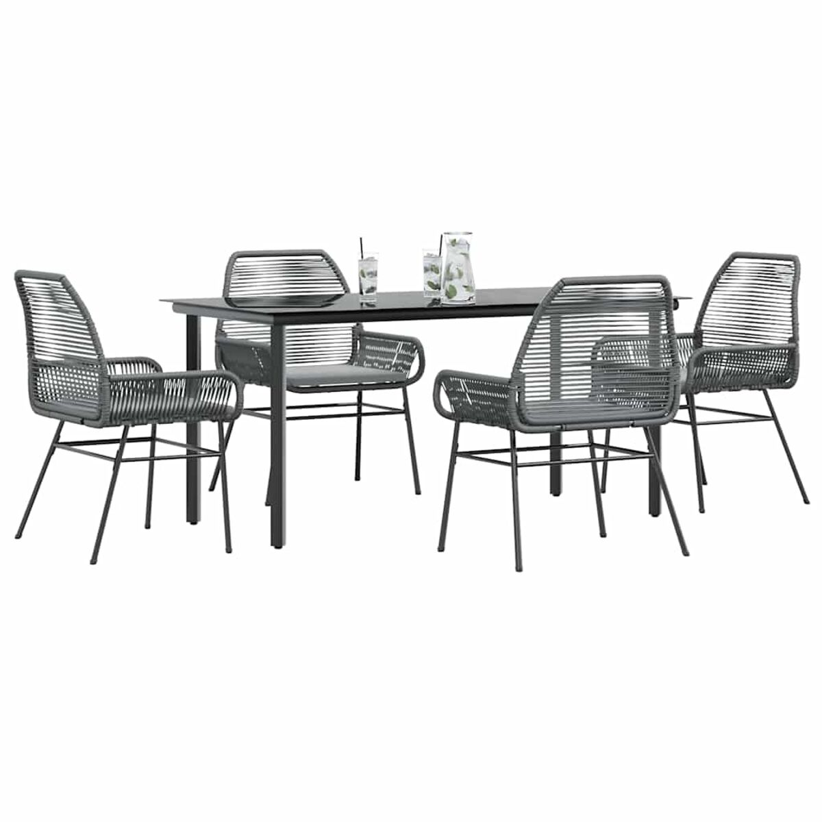 Un juego de muebles de comedor al aire libre con cuatro sillas y una mesa. Las sillas son grises y la mesa es negra.