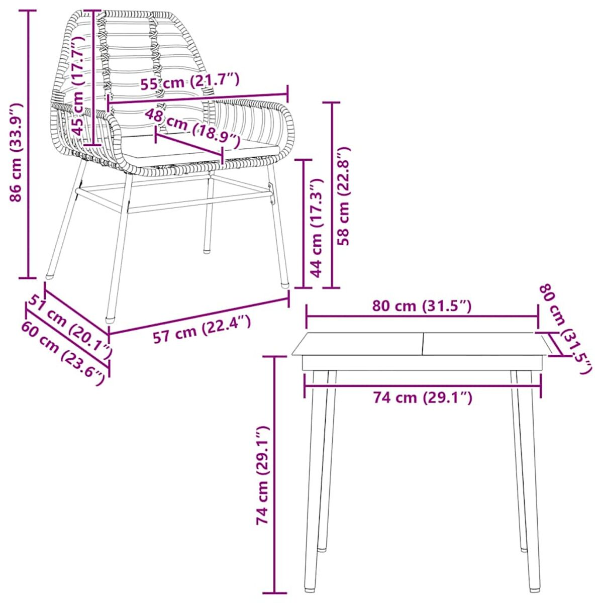 Un diagramma di un set tavolo e sedie da esterno con dimensioni in centimetri.