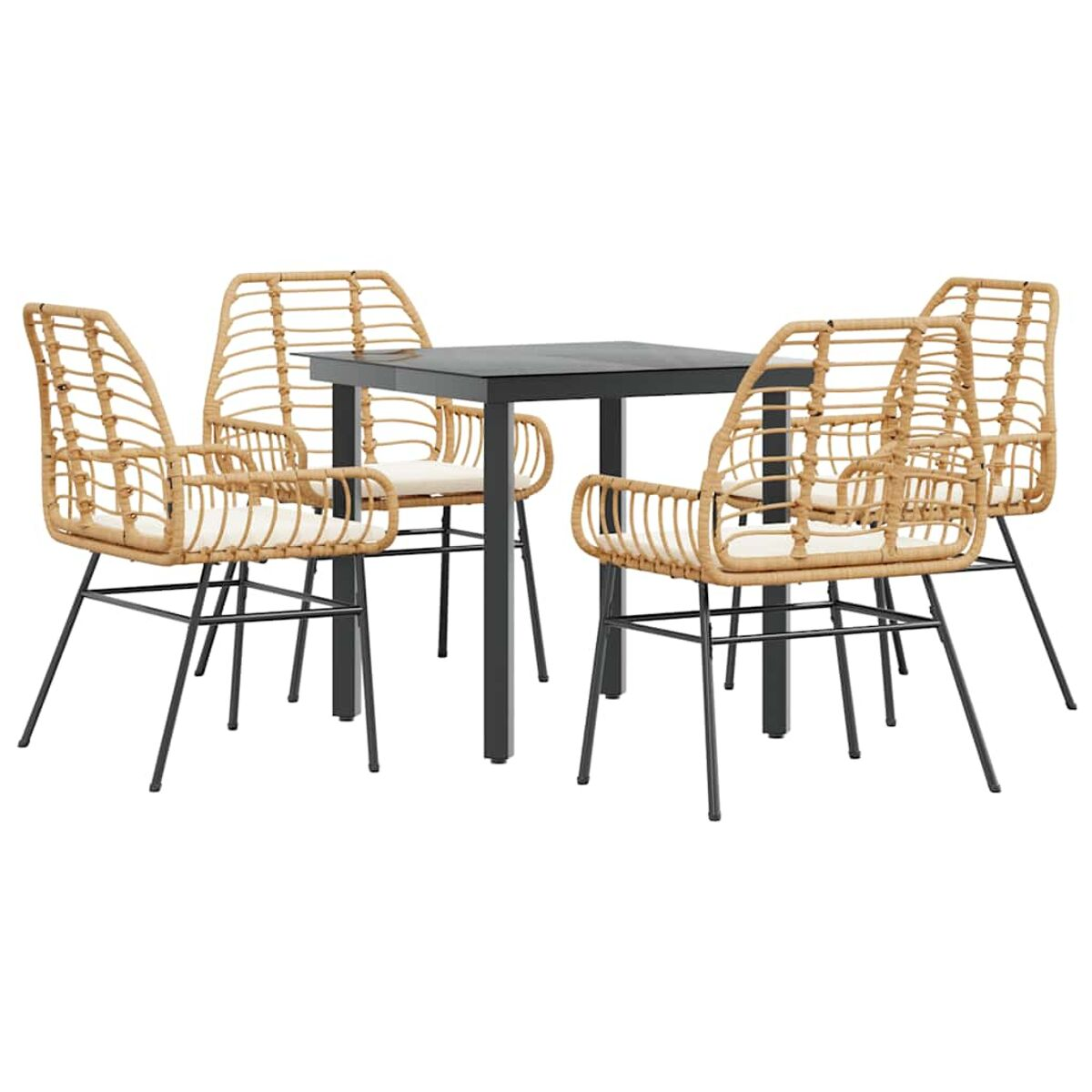 Set da pranzo per esterni: tavolo quadrato e quattro sedie, tutto in rattan naturale con telai in metallo scuro.