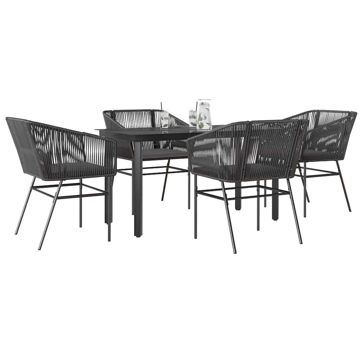 Set da pranzo all'aperto con sedie e tavolo neri su sfondo bianco. Sfondo chiaro.