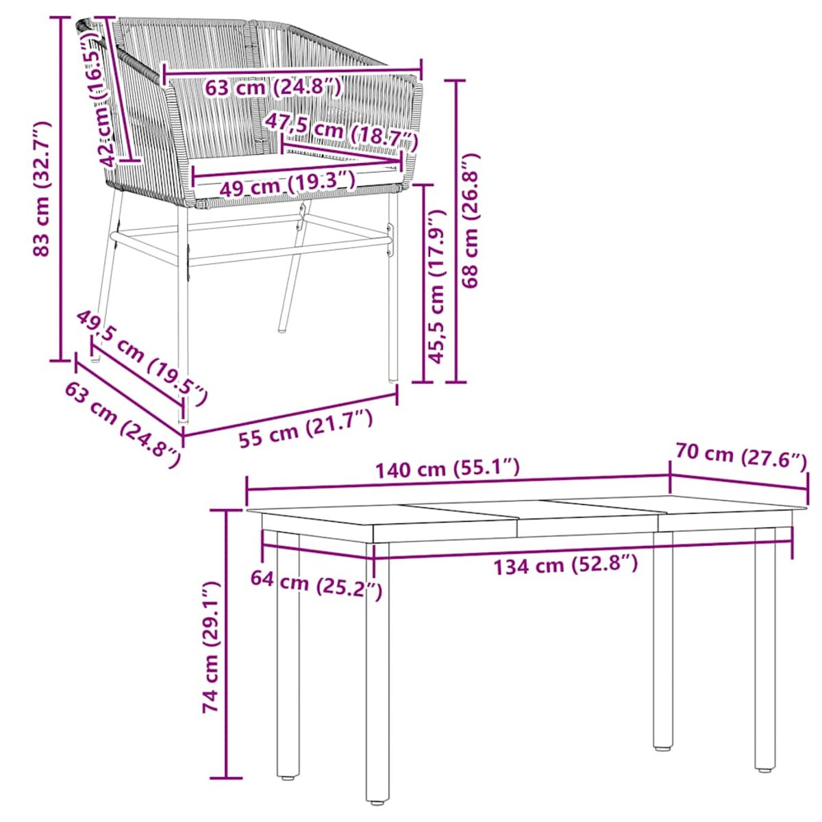 Diagramma che mostra le dimensioni di un set tavolo e sedie da esterno. Misure in cm e pollici.