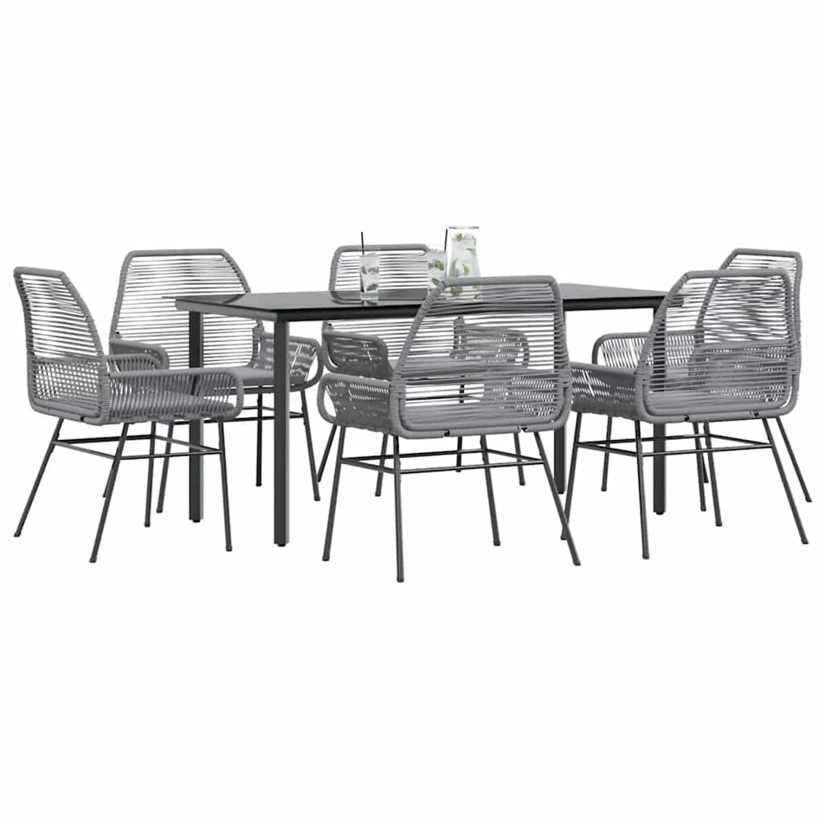 Ein Set von Gartenmöbeln, sechs Stühle um einen schwarzen Tisch.