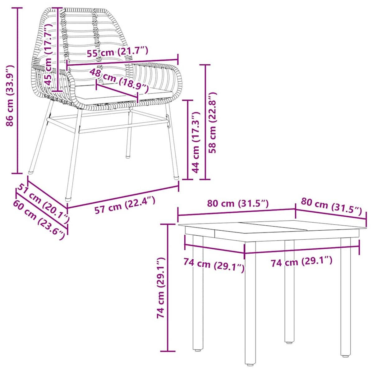 Diagramma di una sedia e un tavolo con dimensioni. La sedia ha seduta e schienale intrecciati.