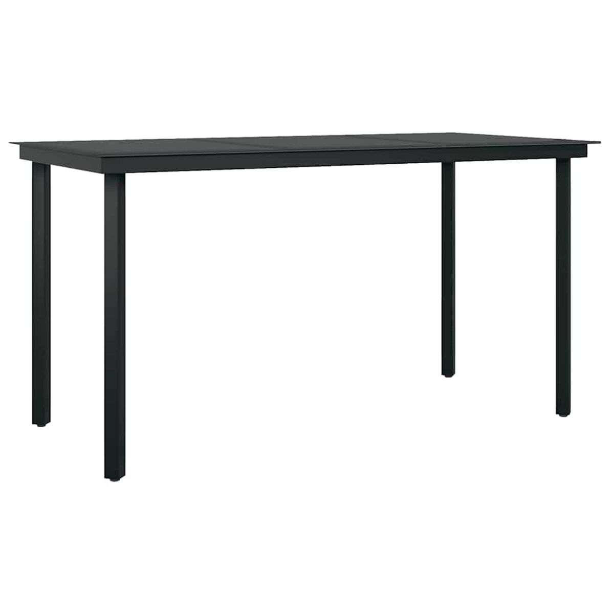 Schwarzer rechteckiger Tisch. Vier schwarze Beine. Weißer Hintergrund, schlichtes Design.