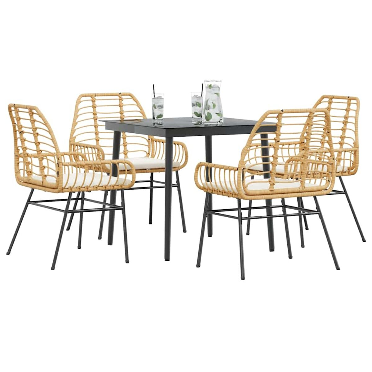 Un set da pranzo con tavolo nero e quattro sedie beige intrecciate, su sfondo bianco.