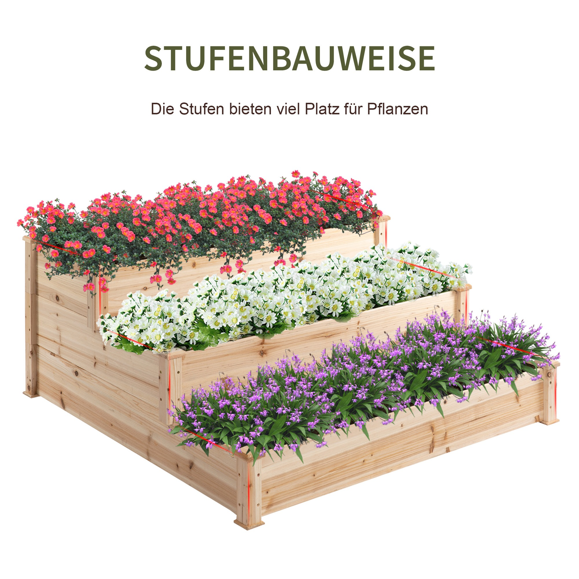 Stufenförmiger Pflanzkasten aus Holz mit Blumen. Rote, weiße und violette Blumen in Holzstruktur.