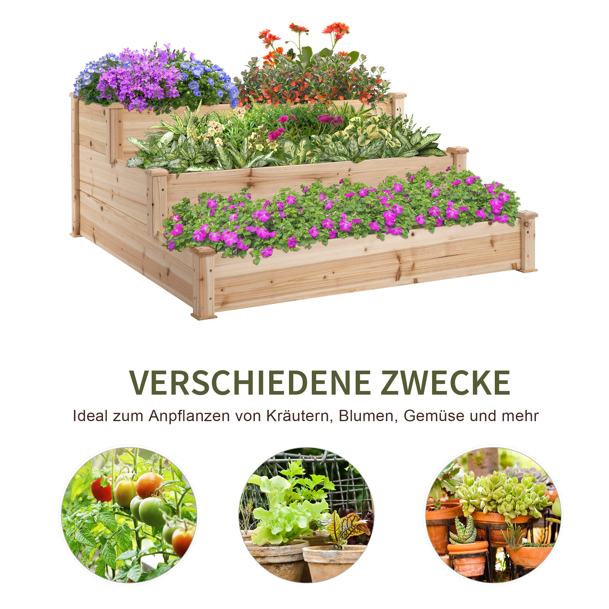 Holz-Pflanzkasten mit Blumen. Text: VERSCHIEDENE ZWECKE. Weißer Hintergrund.