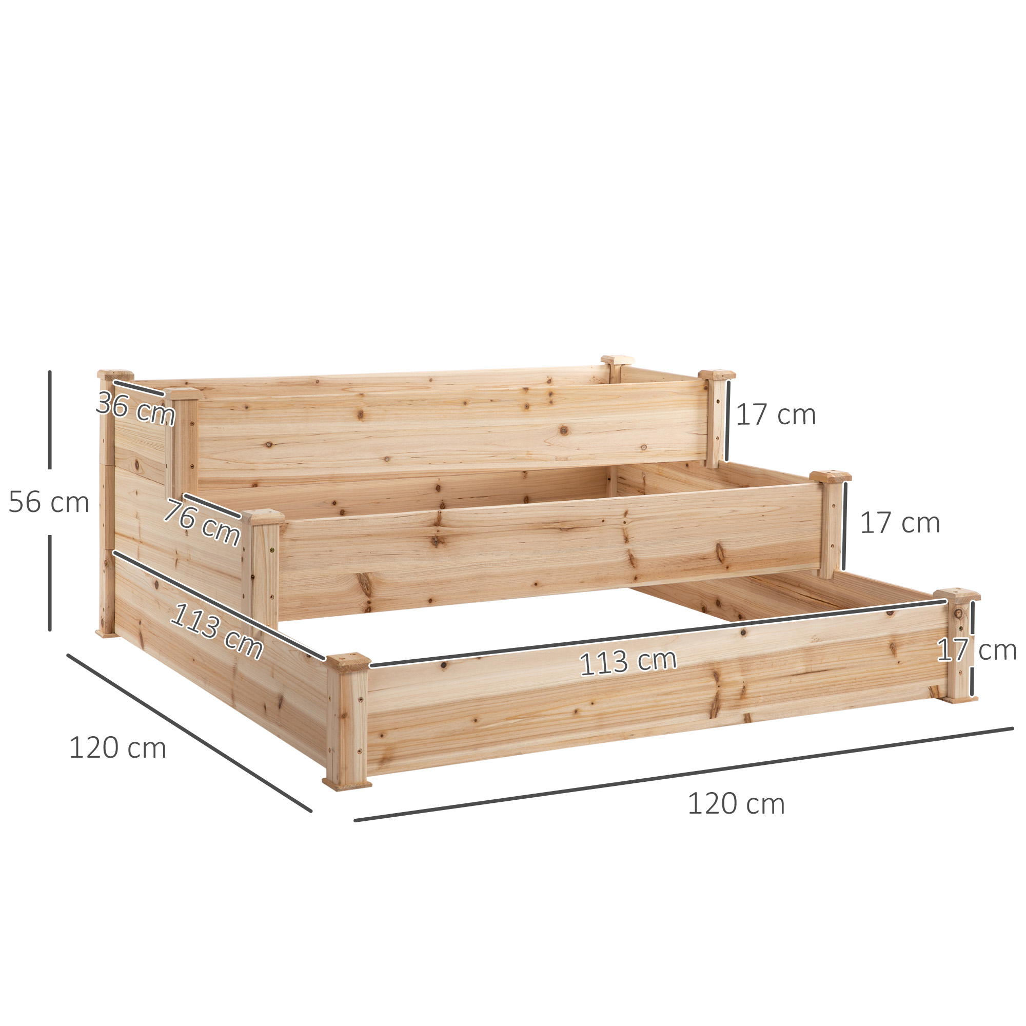 Ein dreistufiges Hochbeet aus Holz mit in Zentimetern beschrifteten Maßen.
