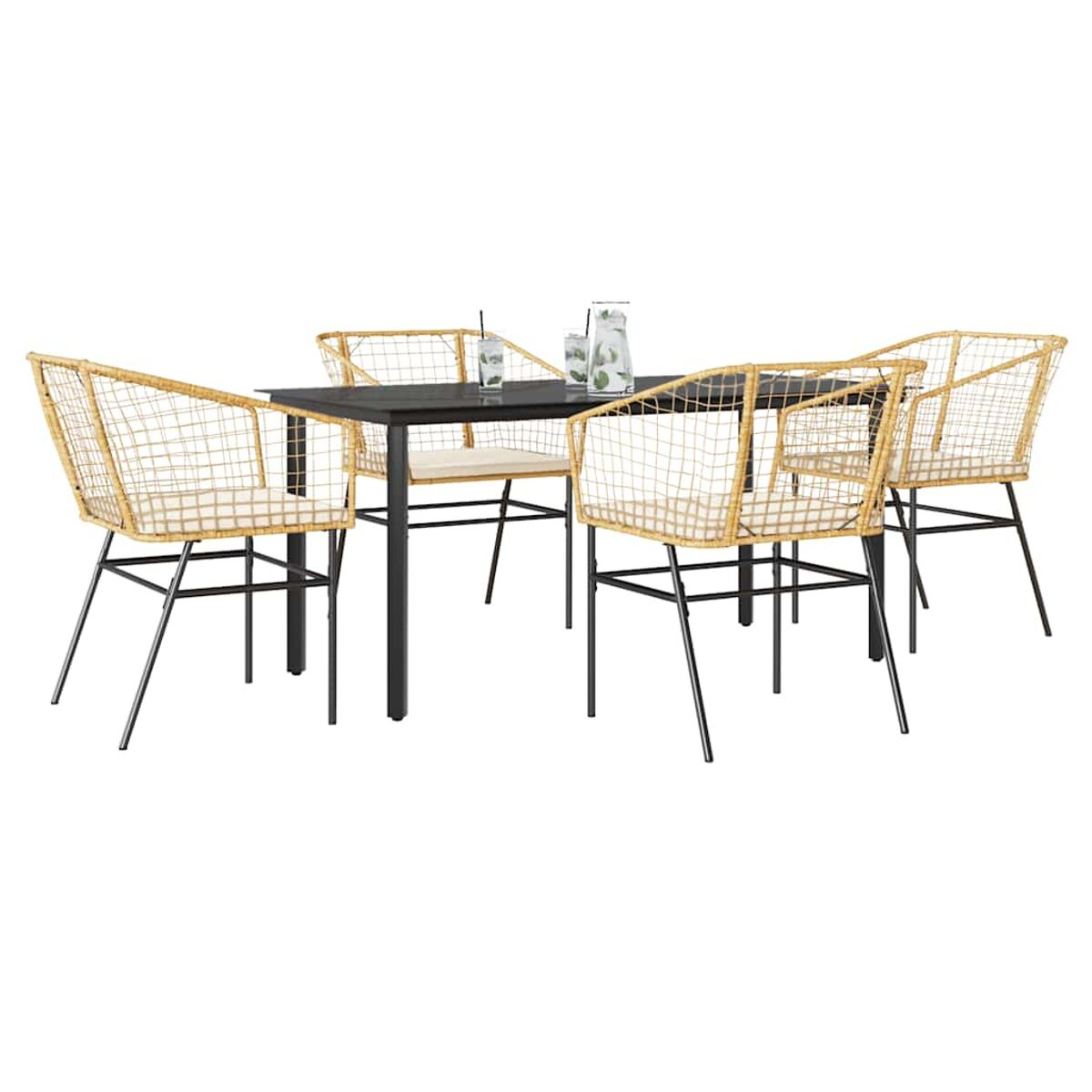 Set da pranzo all'aperto: tavolo nero, 4 sedie, sedute effetto rattan. Due bicchieri con bevande.