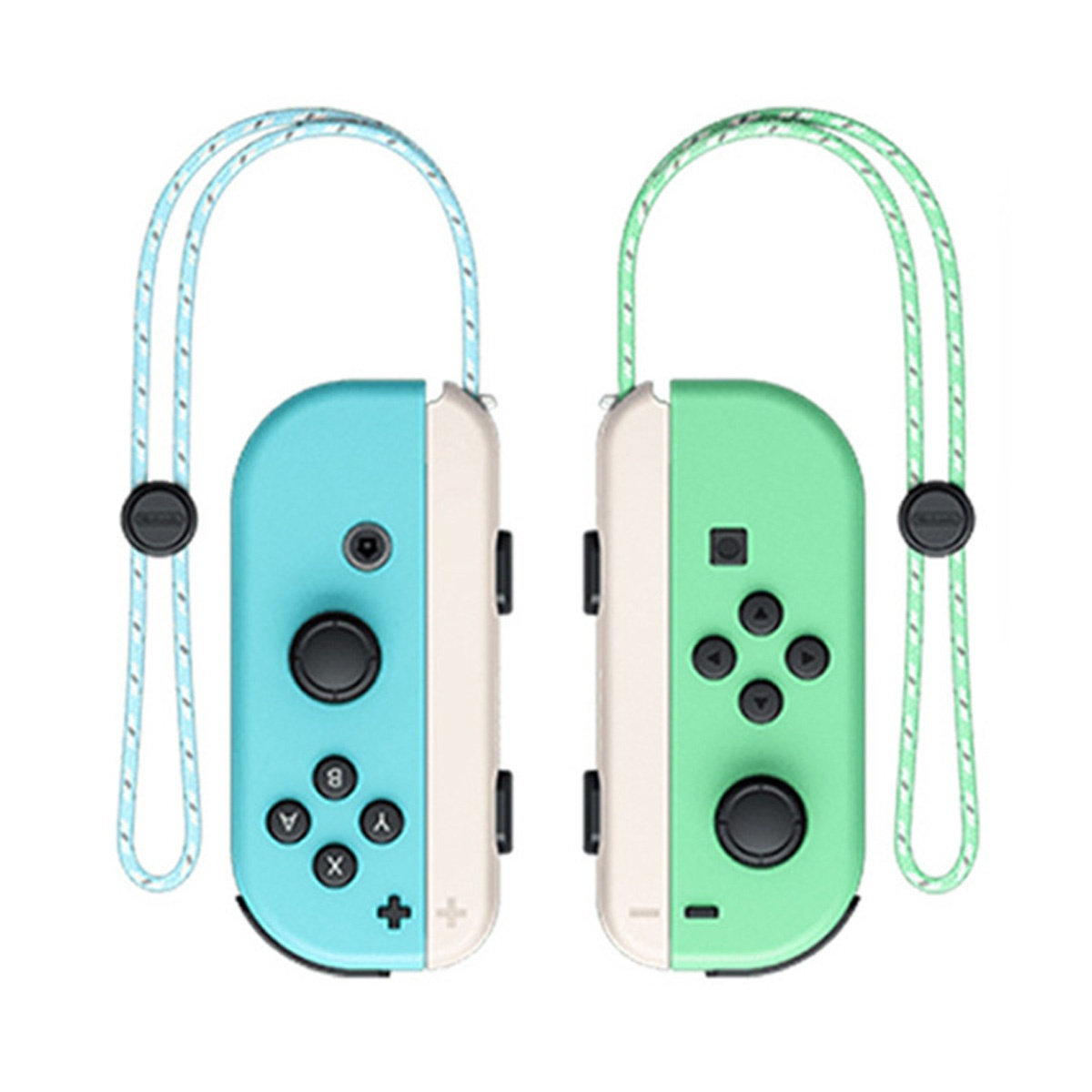 Zwei Joy-Con-Controller, einer blau, einer grün, mit Handschlaufen. Knöpfe und Steuerkreuz.