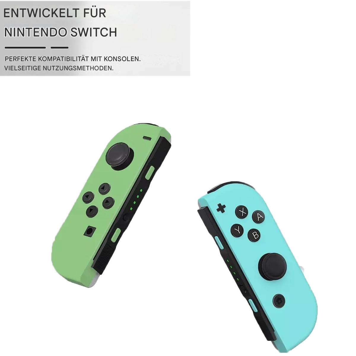 Zwei Nintendo Switch-Controller, grün und blau, mit Knöpfen, vor weißem Hintergrund.