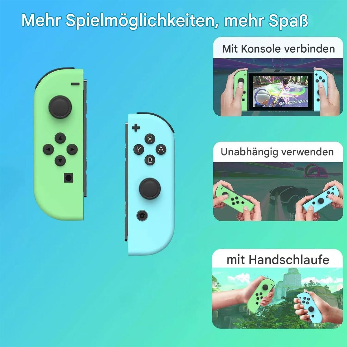 Bilder zeigen grüne und blaue Gamecontroller mit verschiedenen Konfigurationen und Anwendungsfällen.