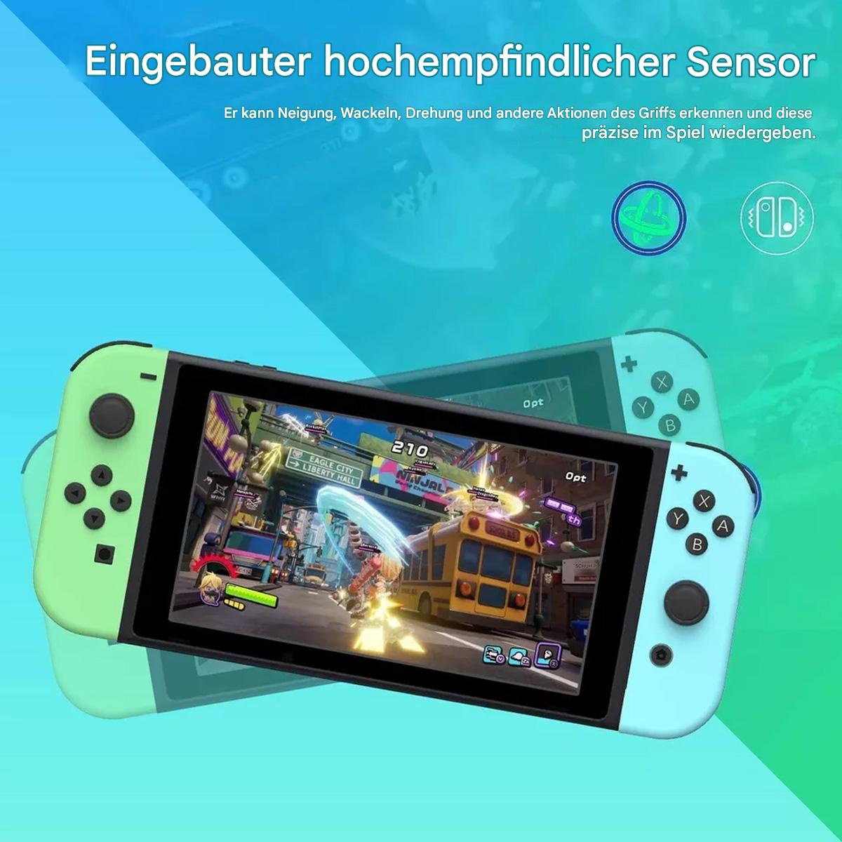 Nintendo Switch mit grünen und blauen Controllern, spielt ein Spiel.