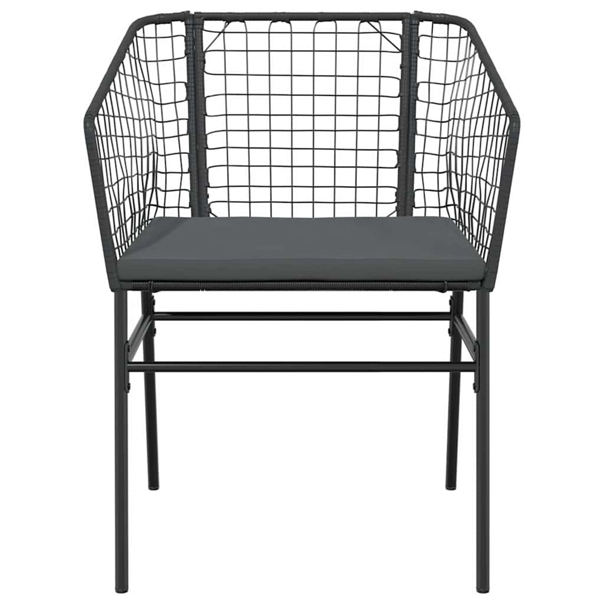 Una silla individual para exterior con marco negro, respaldo de red y cojín gris.