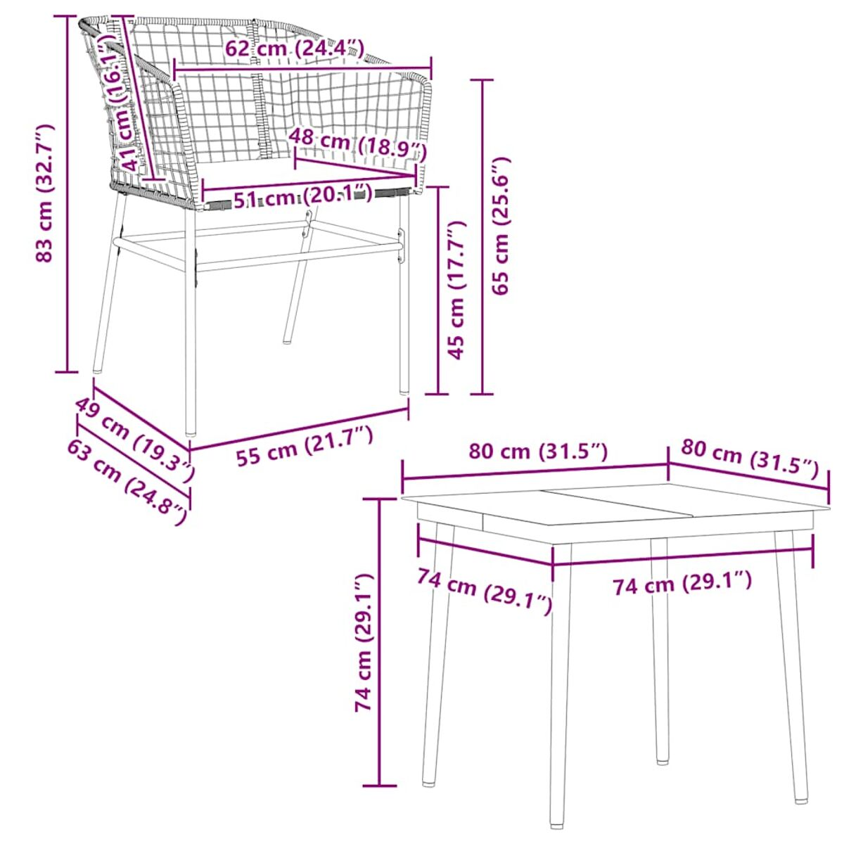Diagrama de una silla con dimensiones y una mesa con dimensiones, ambos sobre fondo blanco.