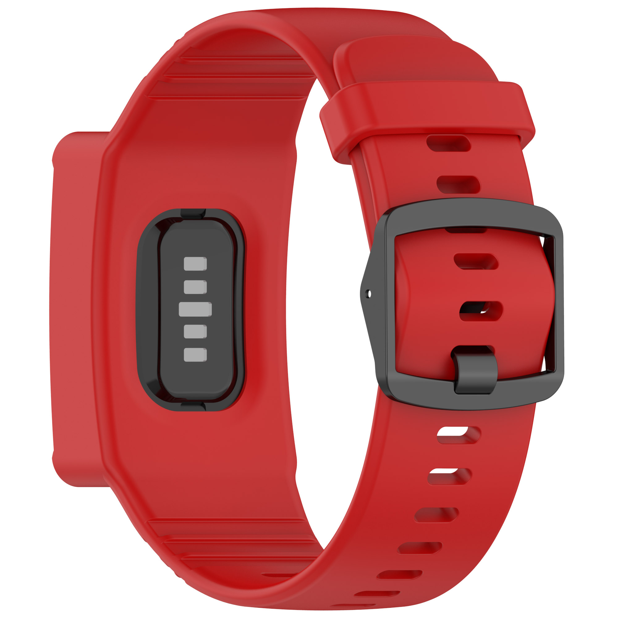 Rotes Fitness-Tracker-Armband mit schwarzer Schnalle. Das Armband hat einen Anzeigebereich. Weißer Hintergrund.