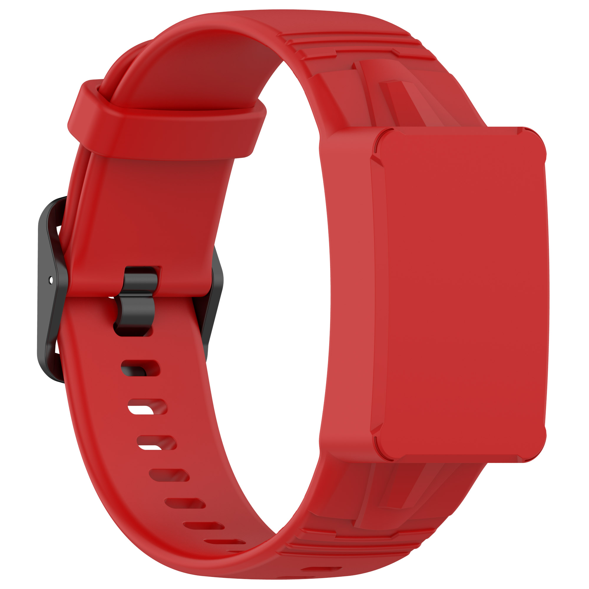 Roter Smartwatch-Armband mit Schnalle, Nahaufnahme, weißer Hintergrund.