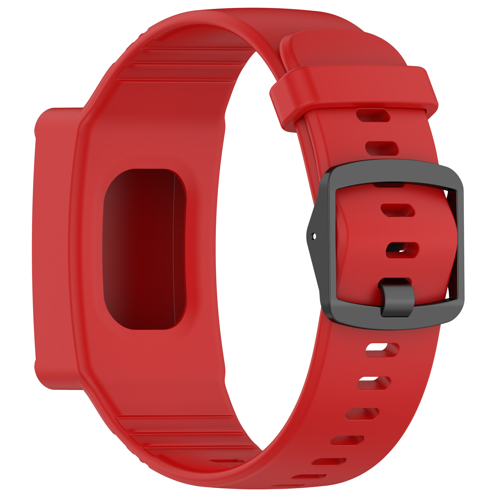 Ein rotes Silikon-Uhrenarmband mit schwarzem Verschluss. Das Band ist gewölbt mit Schnallenverschluss.