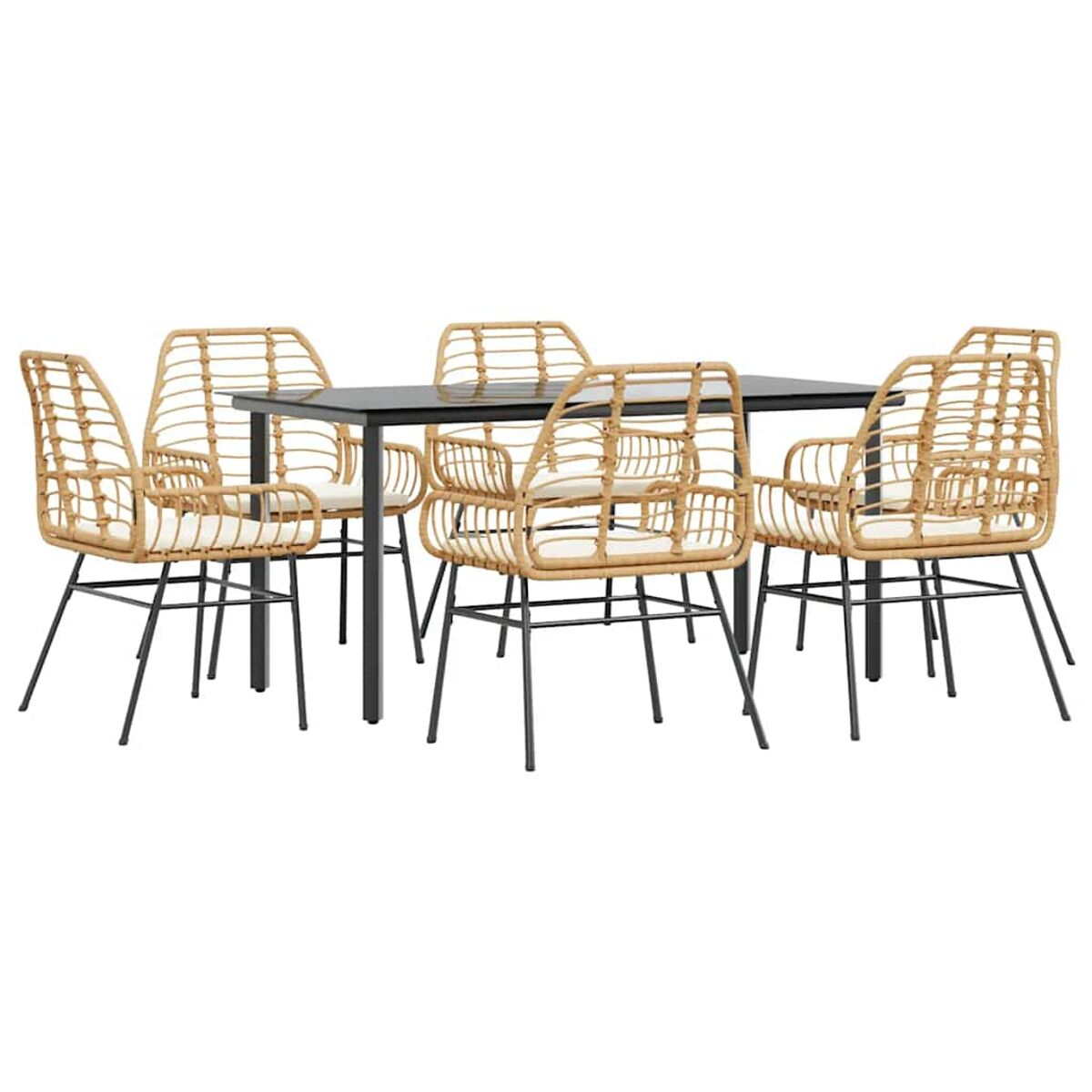 Set da pranzo per esterni: tavolo nero con sei sedie in rattan intrecciato con cuscini bianchi.
