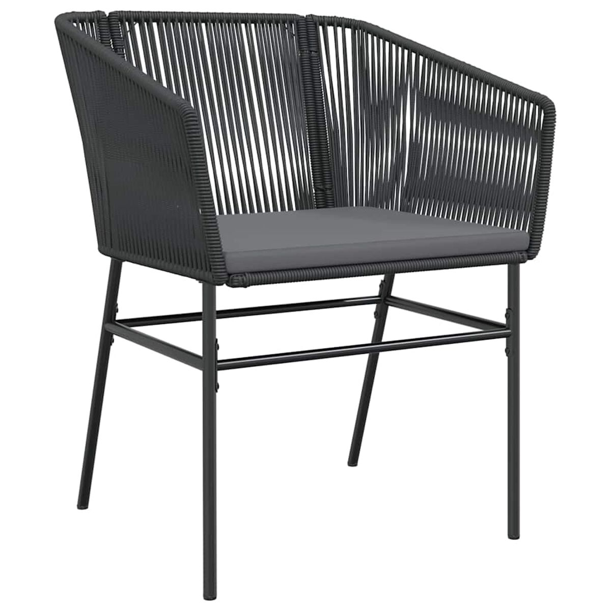 Ein schwarzer Seilstuhl mit grauem Kissen auf einem schwarzen Metallrahmen. Einfaches Design.