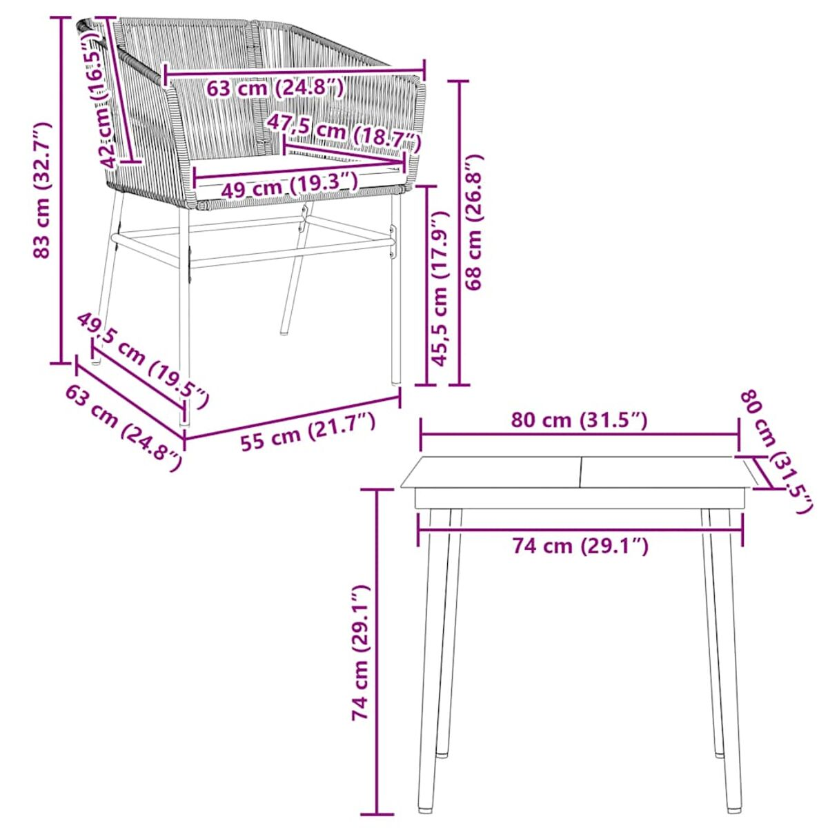 Diagramm eines Stuhls und Tisches mit Maßen in cm, zeigt ein Outdoor-Möbel-Setup.