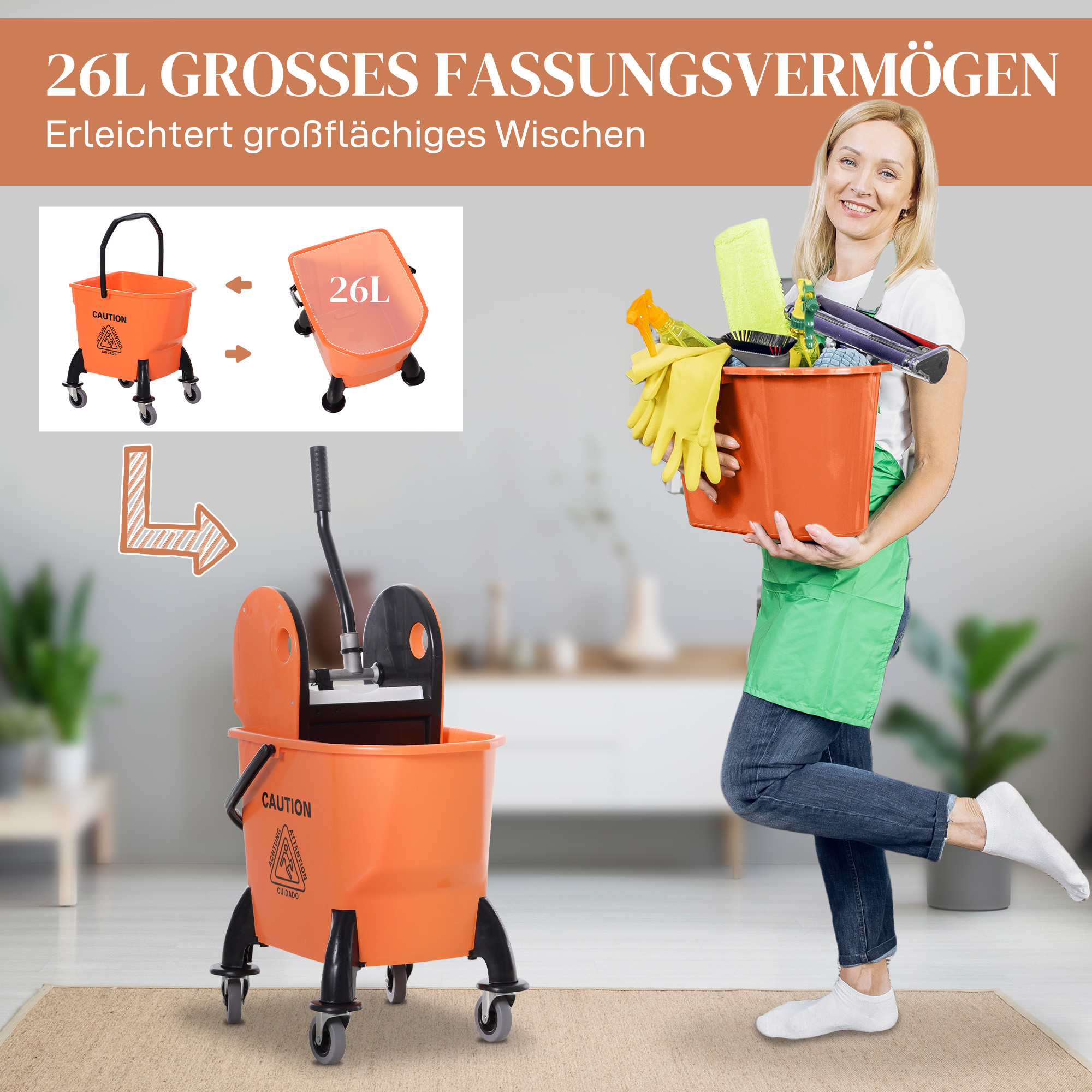 Eine Frau mit einem Wischeimer. Der Eimer hat ein 26L-Etikett und eine Grafik, die den Reinigungsvorgang zeigt.