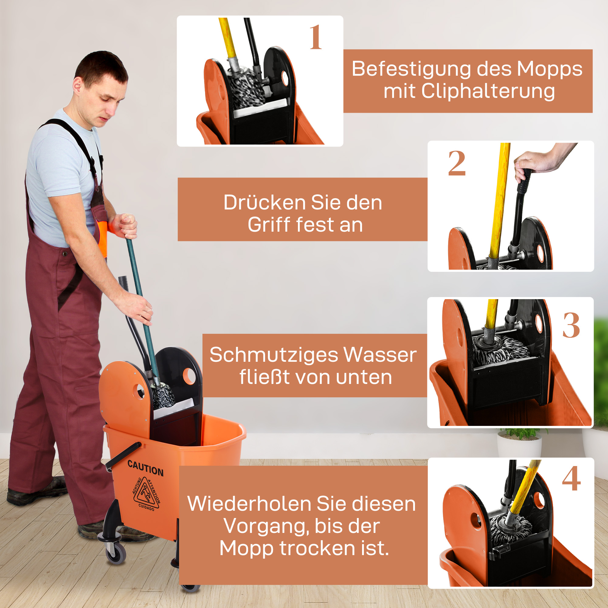 Mann reinigt mit einem Mopp. Schritte sind gezeigt: Mopp befestigen, Griff drücken, schmutziges Wasser fließt, wiederholen.