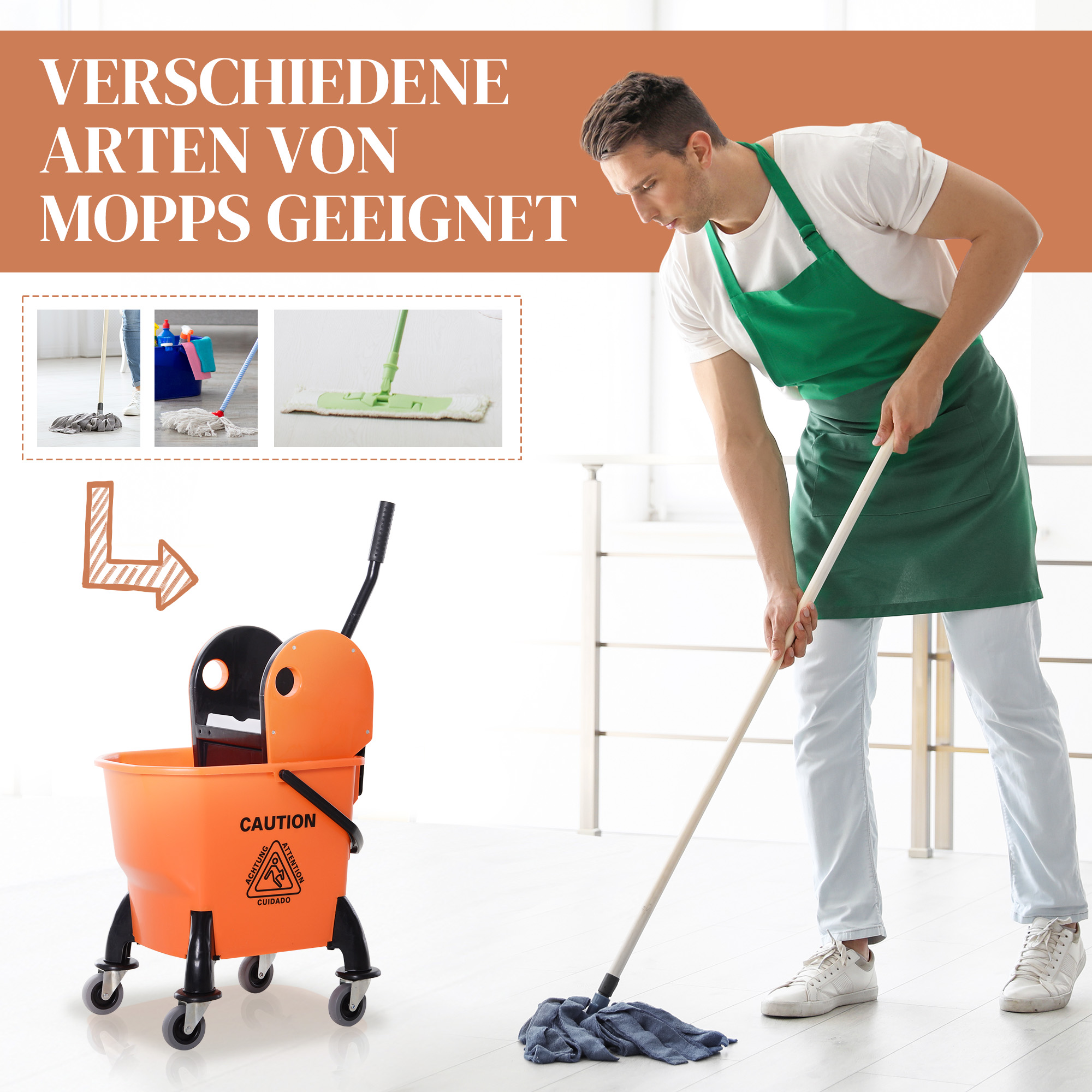 Ein Mann wischt einen Boden. Ein Wischeimer und Bilder verschiedener Mopps sind ebenfalls gezeigt.