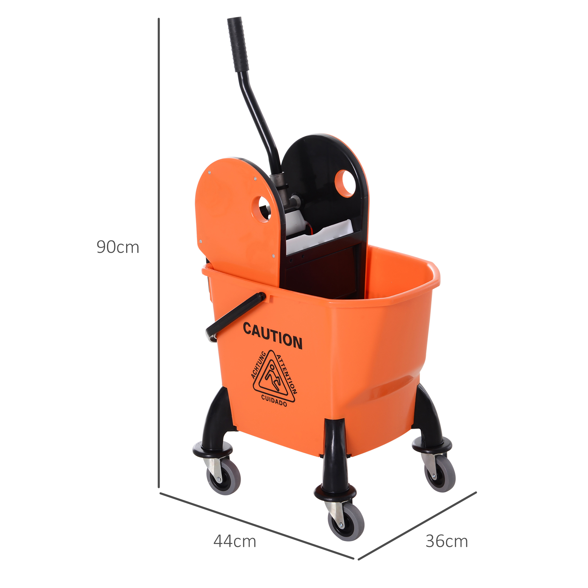 Oranger Wischeimer mit Abmessungen. Der Eimer hat schwarze Räder und ein Warnschild.