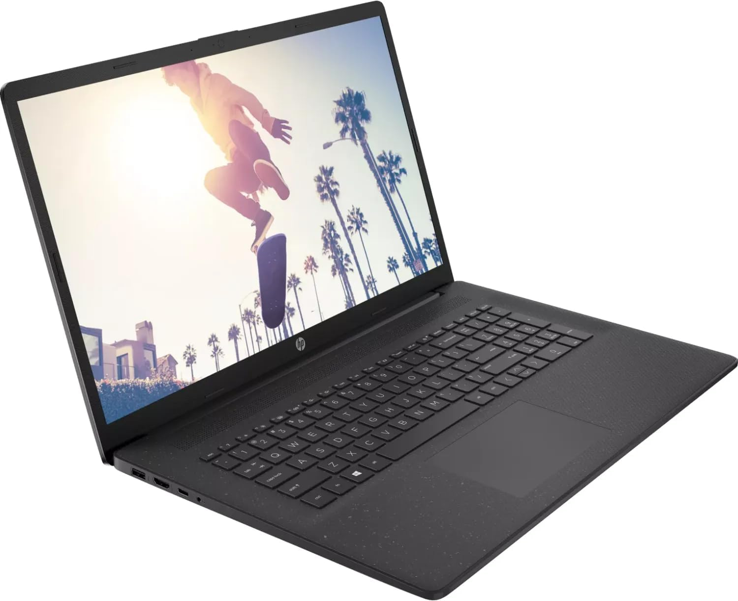 Schwarzer Laptop offen, Person auf Skateboard. Palmen im Hintergrund.