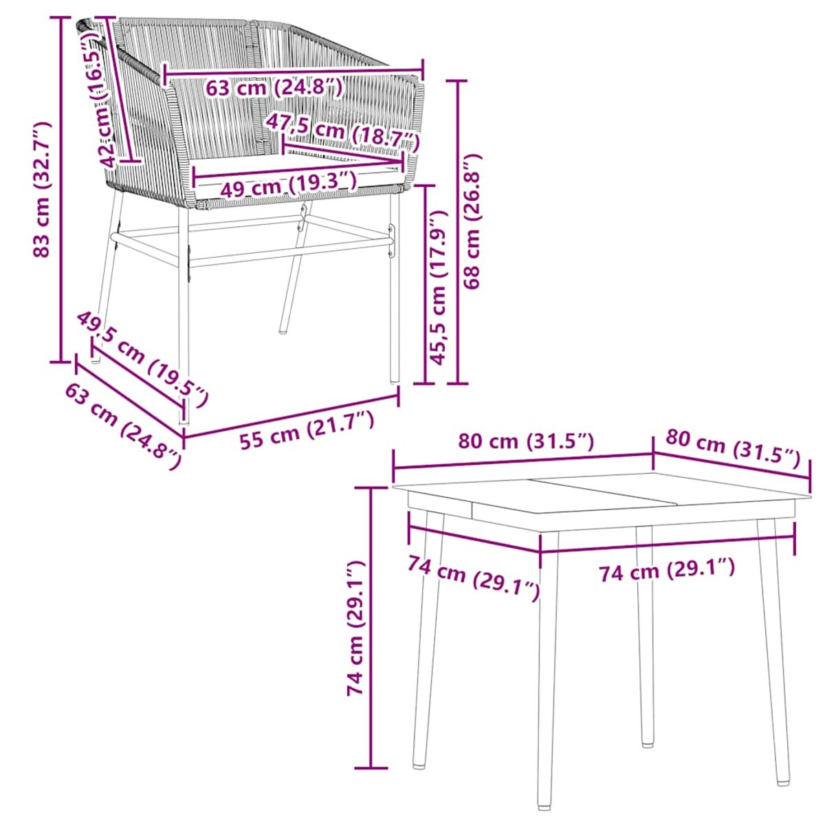 Il diagramma mostra le dimensioni di una sedia e un tavolo.