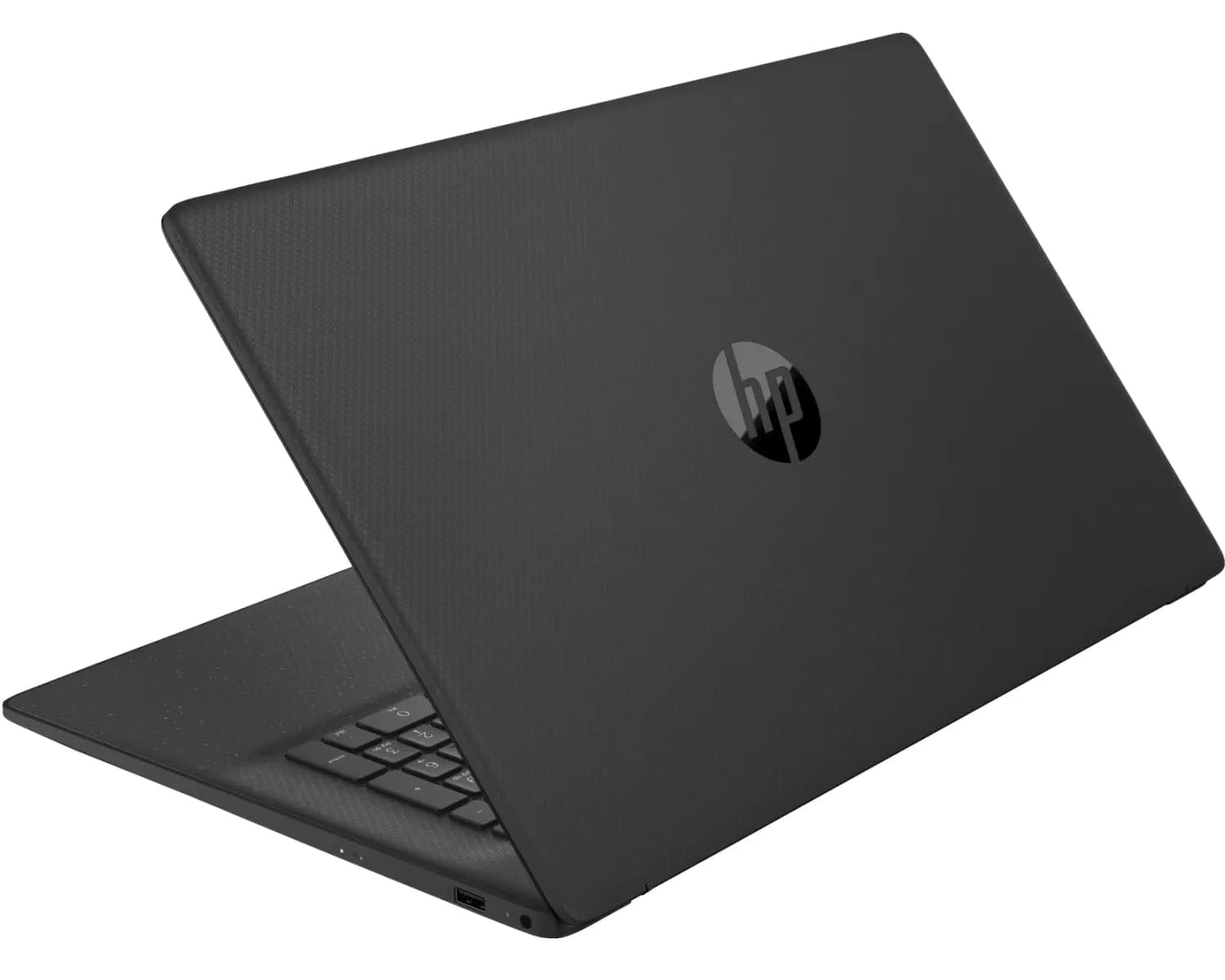 Schwarzer Laptop mit HP-Logo auf dem Deckel, Tastatur sichtbar. Winkelansicht. Der Laptop ist teilweise geöffnet.