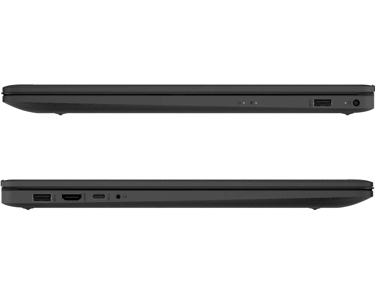 Zwei Ansichten eines schwarzen Laptops, die die Seite mit Anschlüssen und das Seitenprofil zeigen.